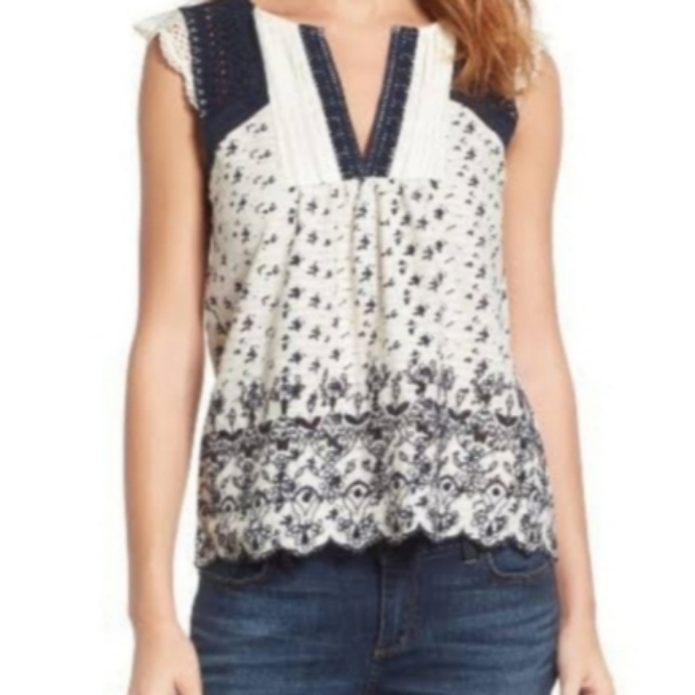Lucky Brand Printed Embroidered Flutter Top